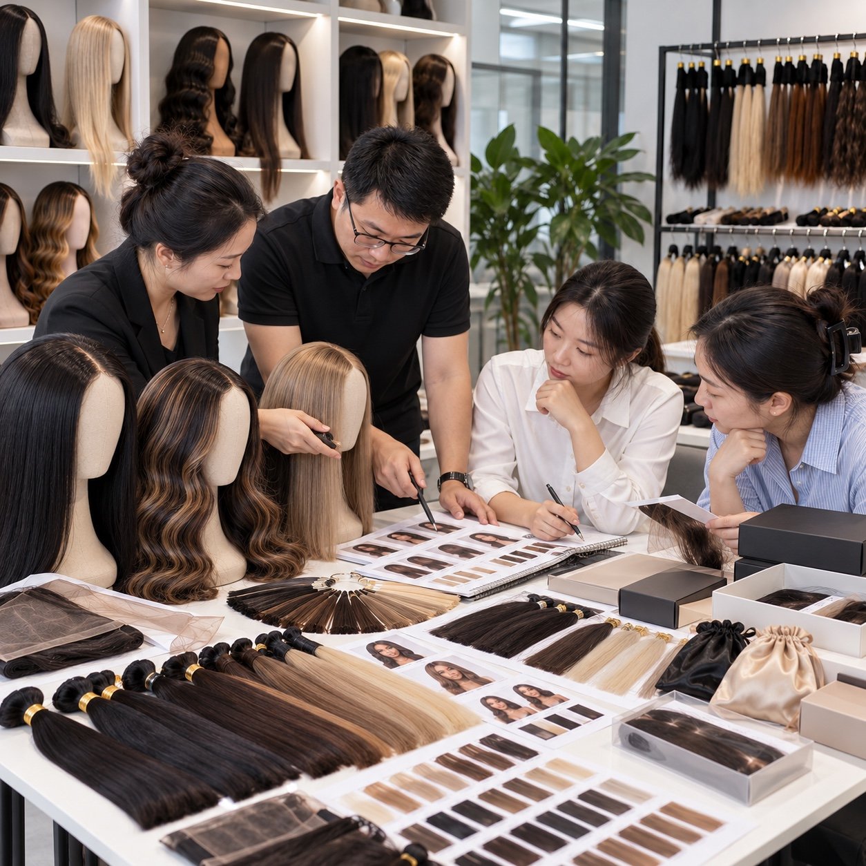 Team comparing wig sample options and color swatches for a focused wholesale launch