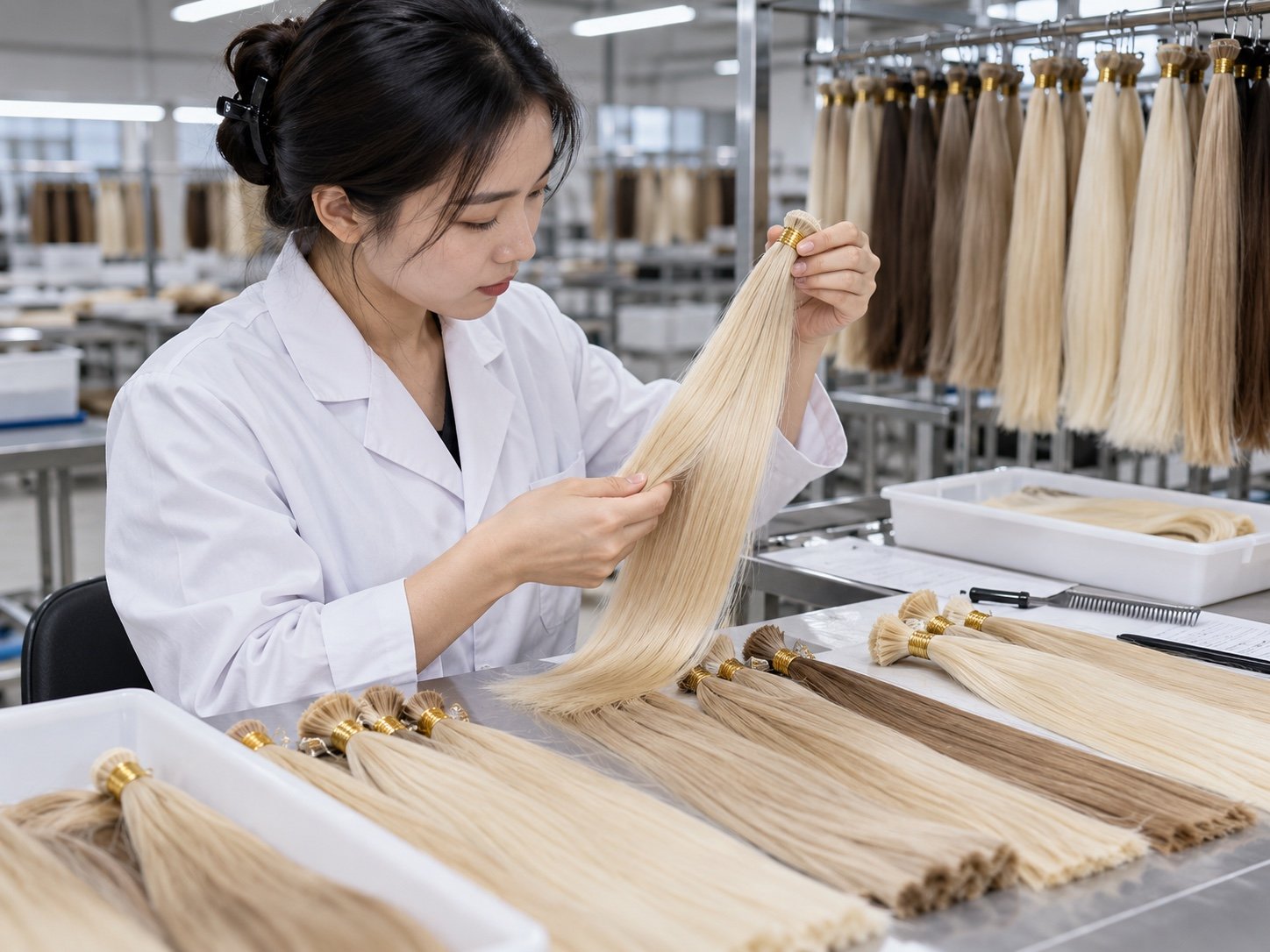 Illustrative inspection of pale blonde hair extension bundles after processing