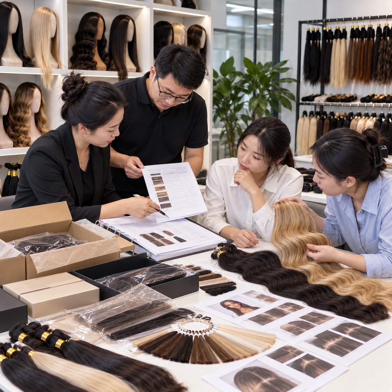 Team comparing wig samples, colors and packaging when reviewing supplier quotations