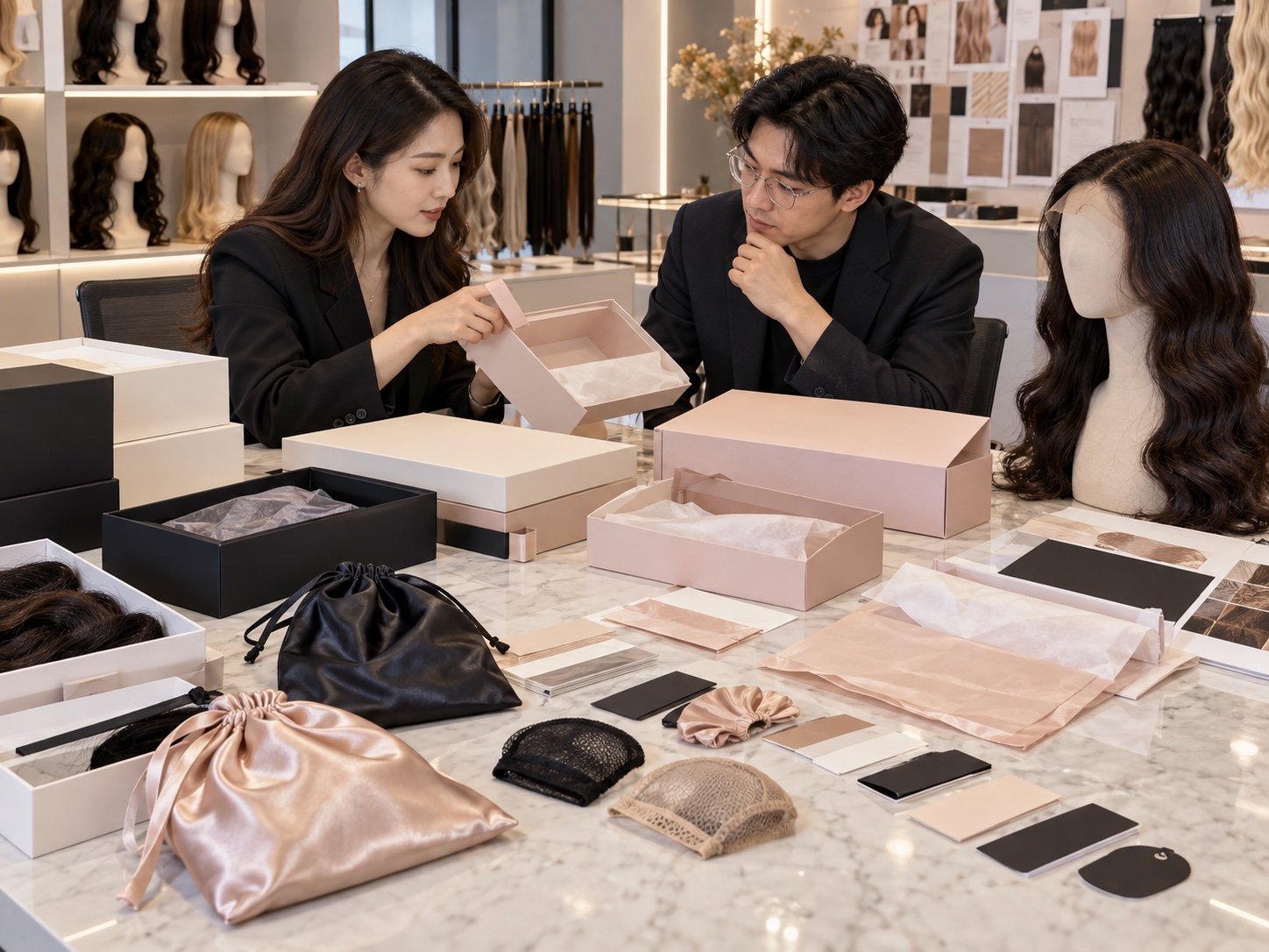 Illustrative review of wig boxes, satin bags, hair nets, labels and inserts for packaging approval