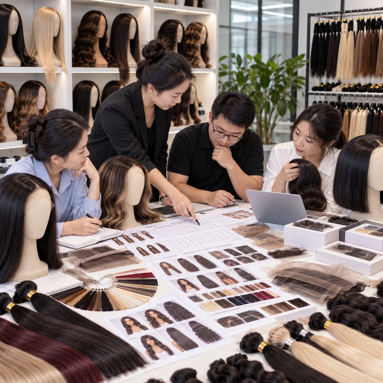 Team reviewing wig SKU documentation, sample references and color swatches before order approval