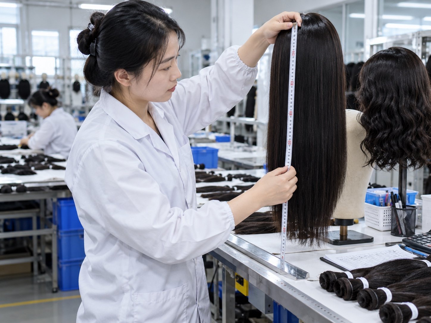 Illustrative measurement of a human hair wig with a tape measure