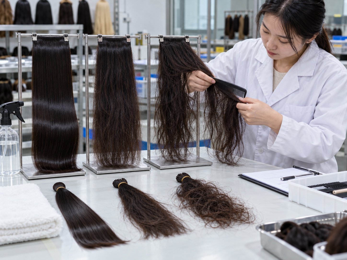 Illustrative comparison of smooth, dry and tangled hair samples