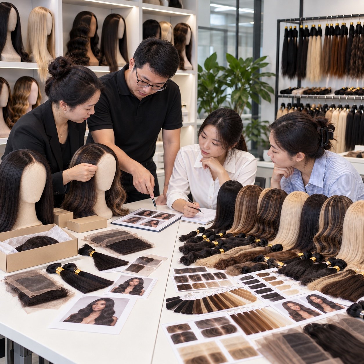 Illustrative team review of wig styles and shade references for a first wholesale assortment