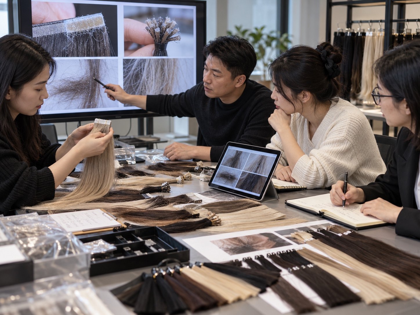 Illustrative salon quality team reviewing extension attachment and hair condition complaints