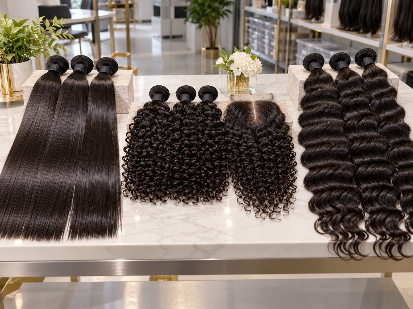 Illustrative multi-texture human hair display with straight, wave and curl patterns
