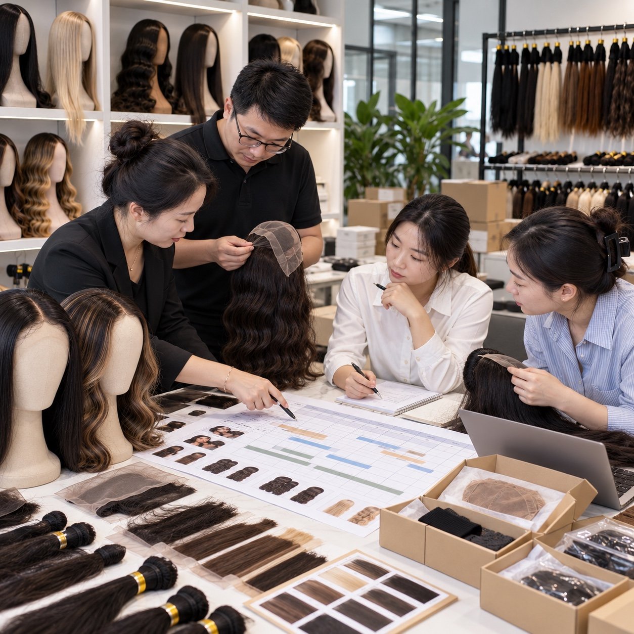 Team reviewing wig production milestones, sample approvals and packaging plans