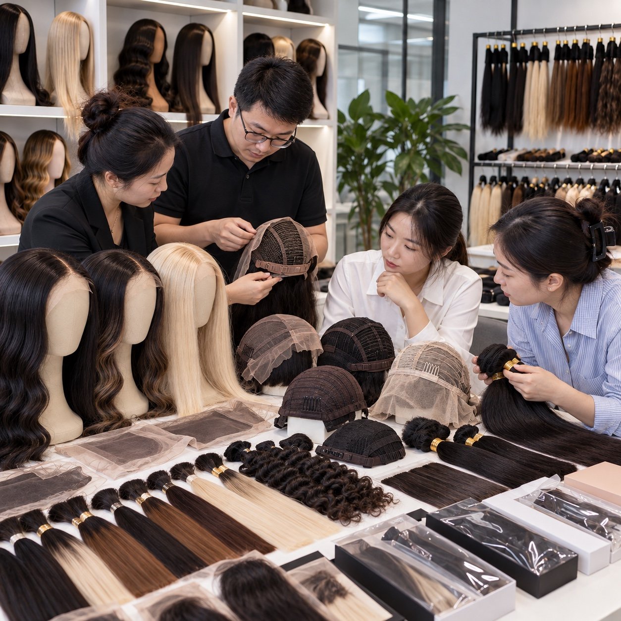Buyers comparing hair colors, lengths, lace and cap construction samples that affect product cost