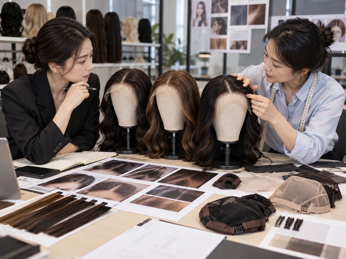 Illustrative review of wig sample versions, hairline photos and specification notes