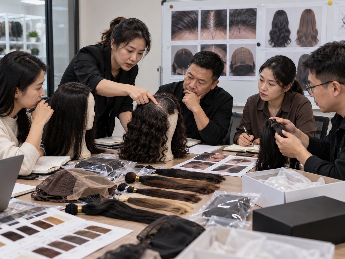 Illustrative wig sample and QC team reviewing a construction deviation before buyer approval