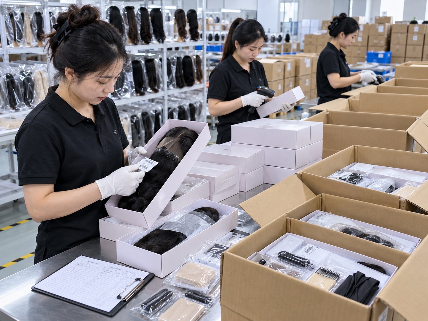 Illustrative wig packing team checking boxed units and cartons before shipment