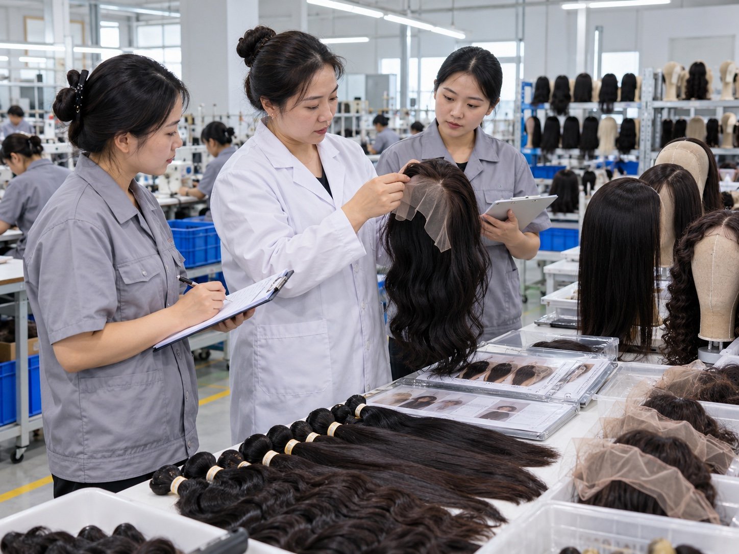 Illustrative factory QC team checking wig construction and inspection records