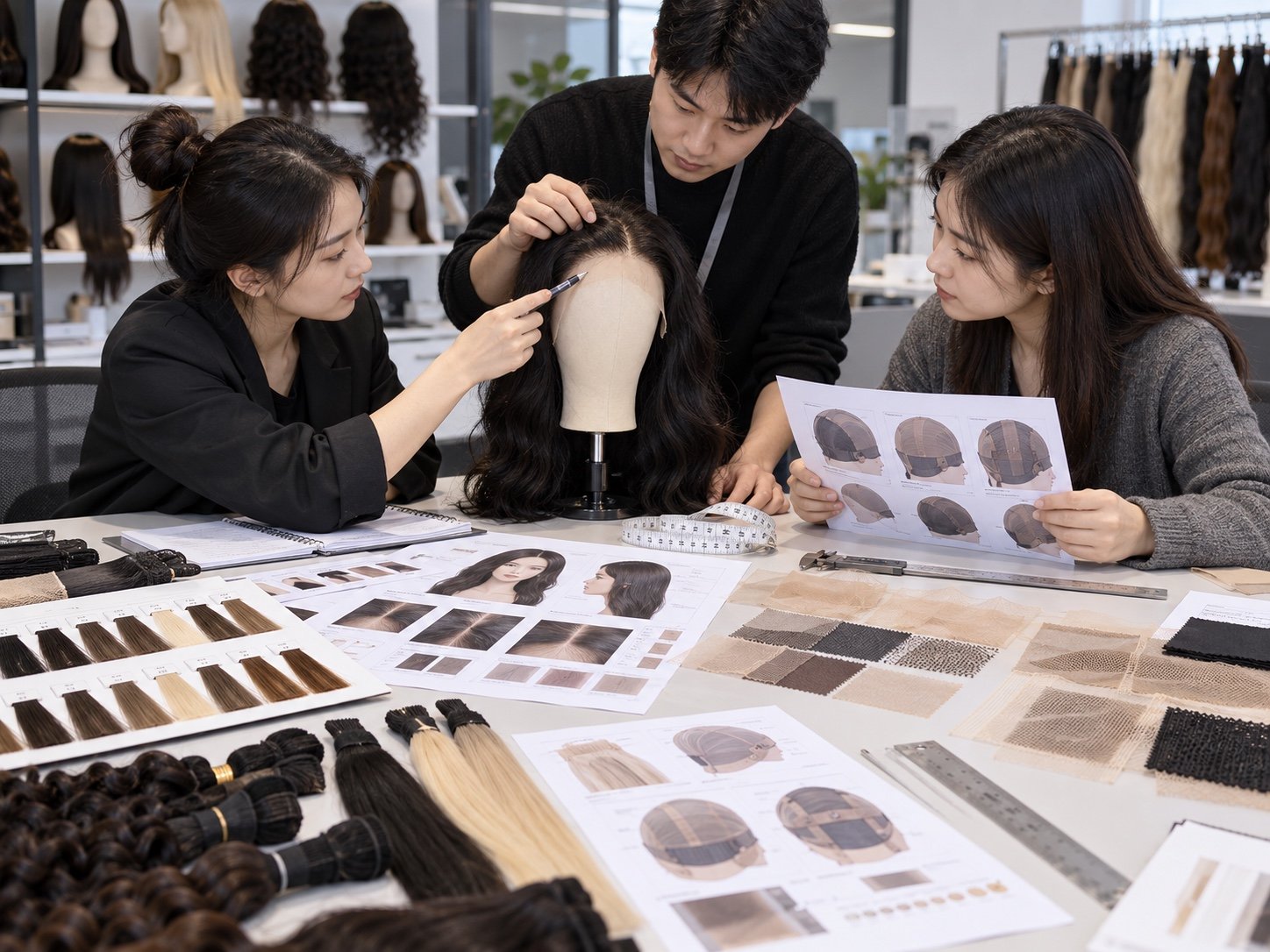 Illustrative wig specification meeting reviewing lace, cap, sample photos and hair color swatches