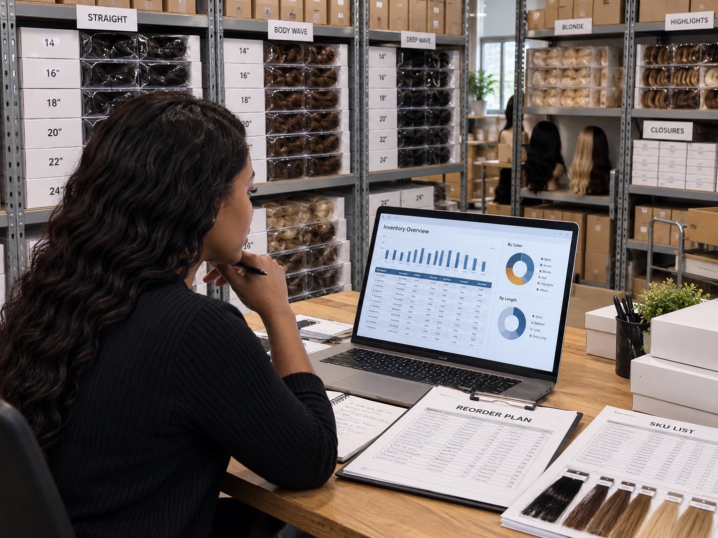 Illustrative wig inventory planning workspace with SKU shelves and reorder dashboard