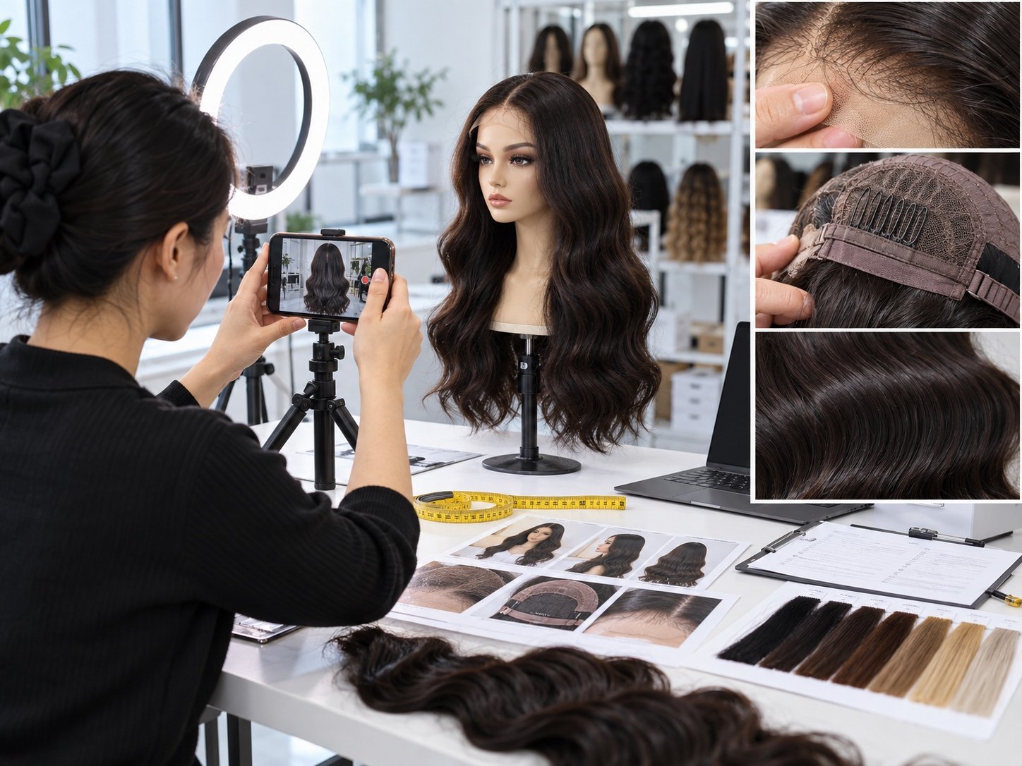 Illustrative wig sample documentation showing video capture of hairline, cap and texture