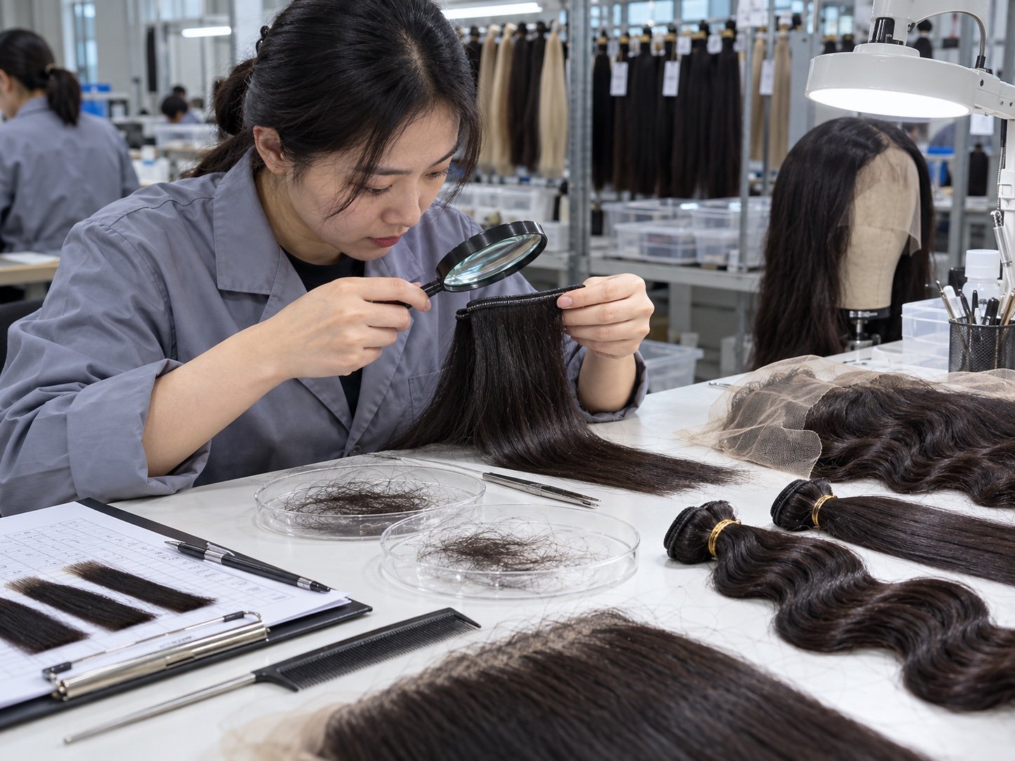 Illustrative close inspection of a hair weft and collected shedding strands for defect classification