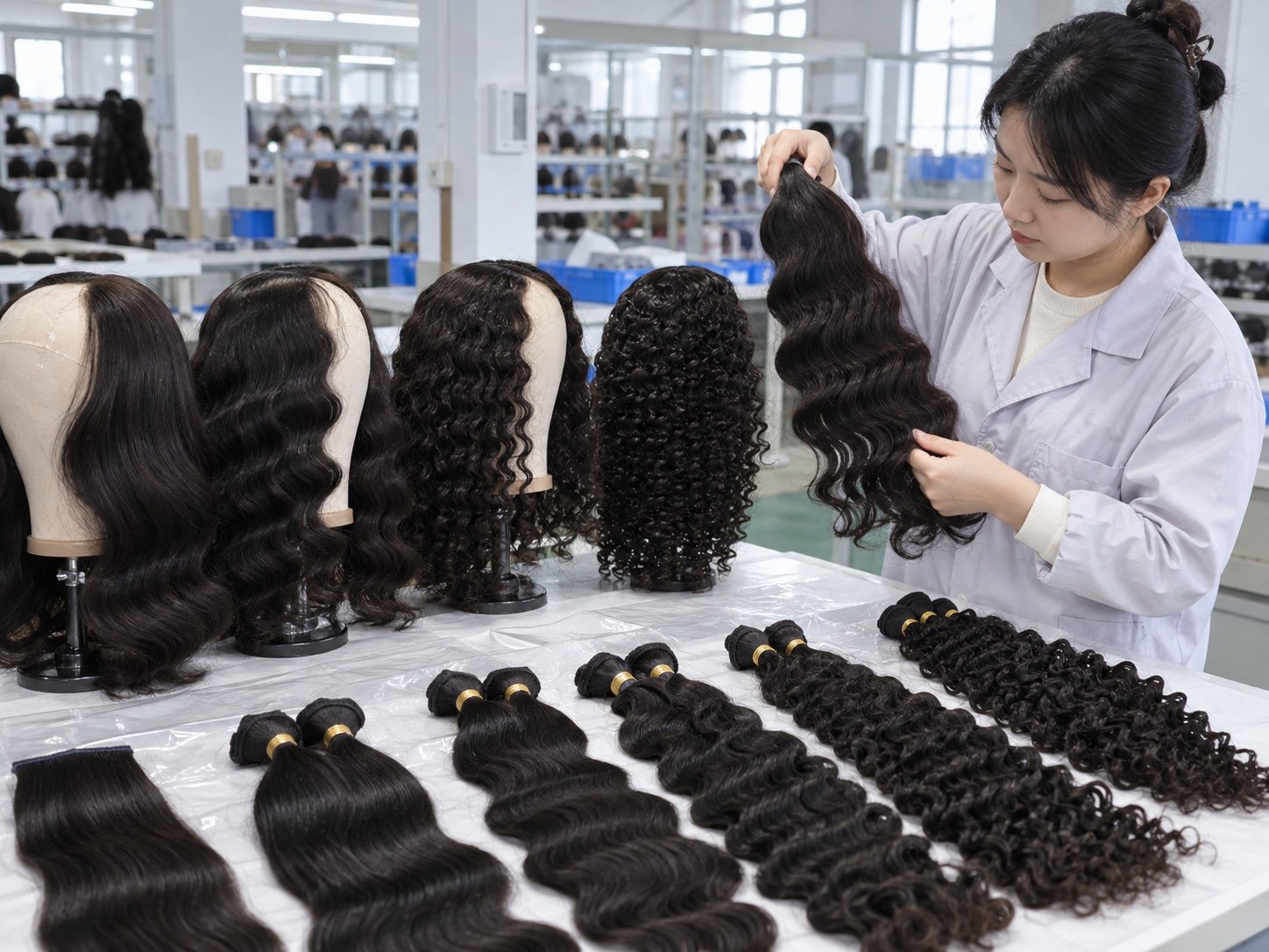 Illustrative comparison of straight, wave and curly human hair textures