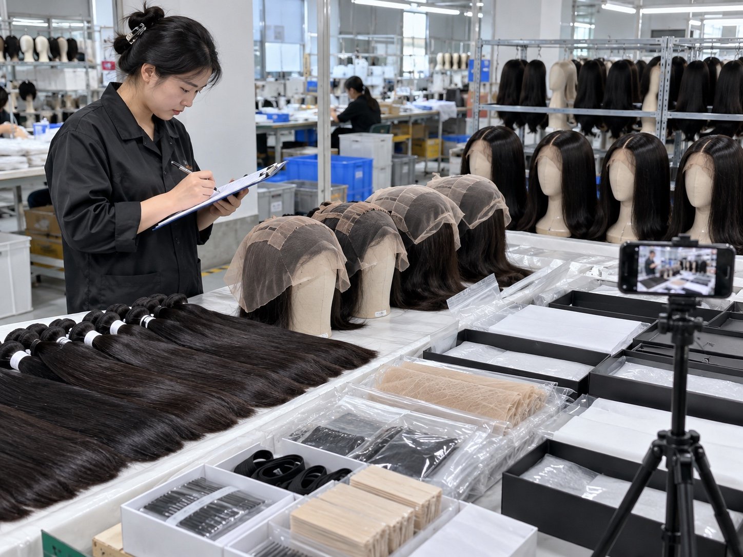Illustrative wig factory inspector photographing finished products and packaging records