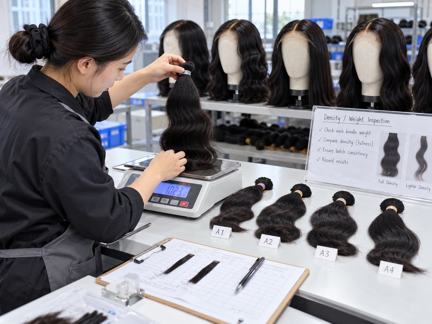 Illustrative scale check of human hair bundle weight and fullness