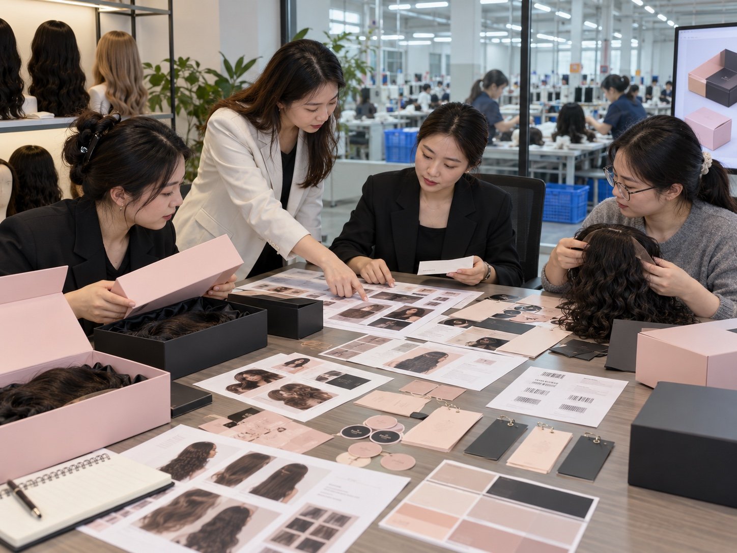 Illustrative review of multi-SKU wig assortment and private label packaging