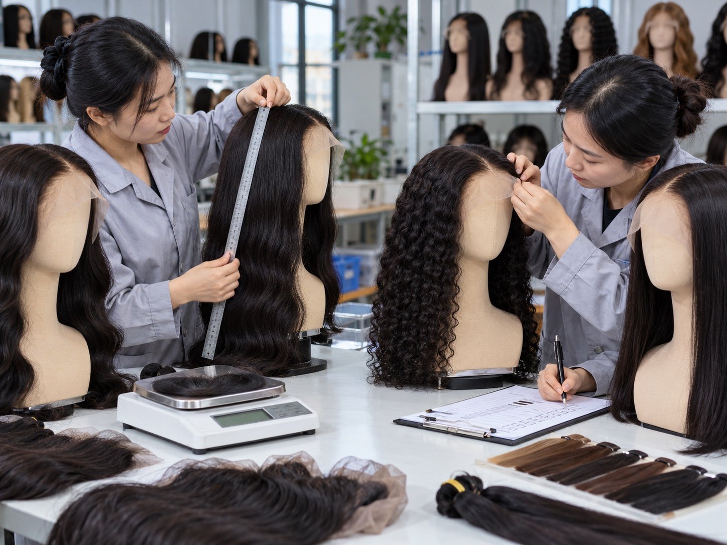 Illustrative wig QC team measuring length and inspecting lace and hairline against criteria