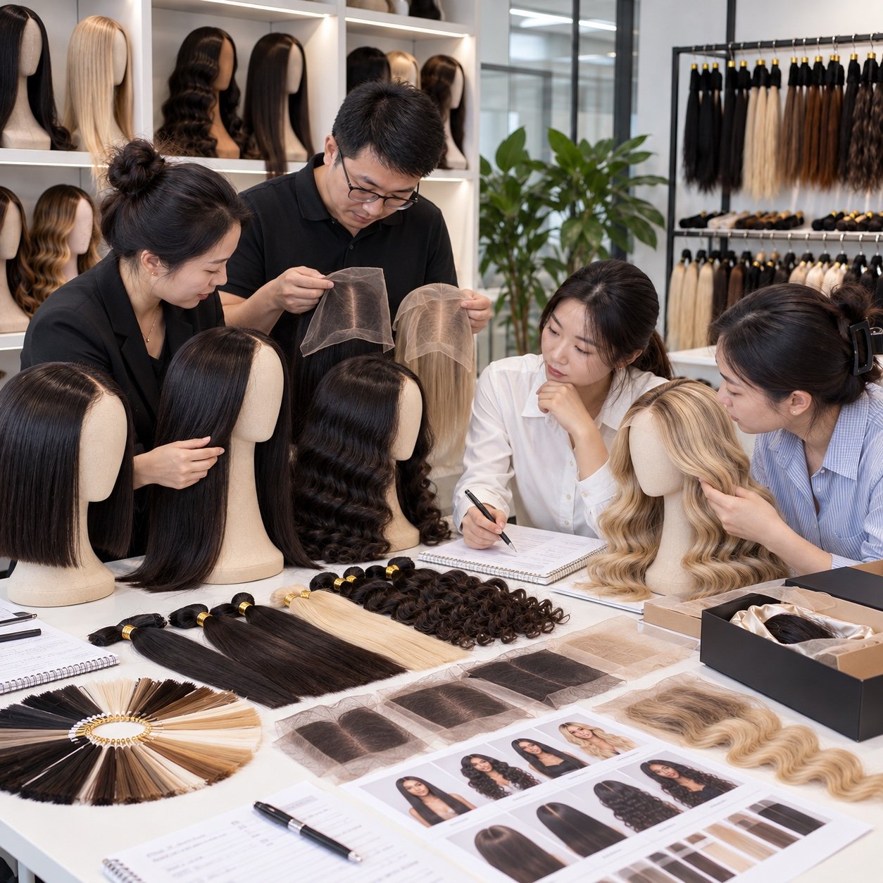Team reviewing wig samples across hair colors, lengths, textures and lace types for a sample plan
