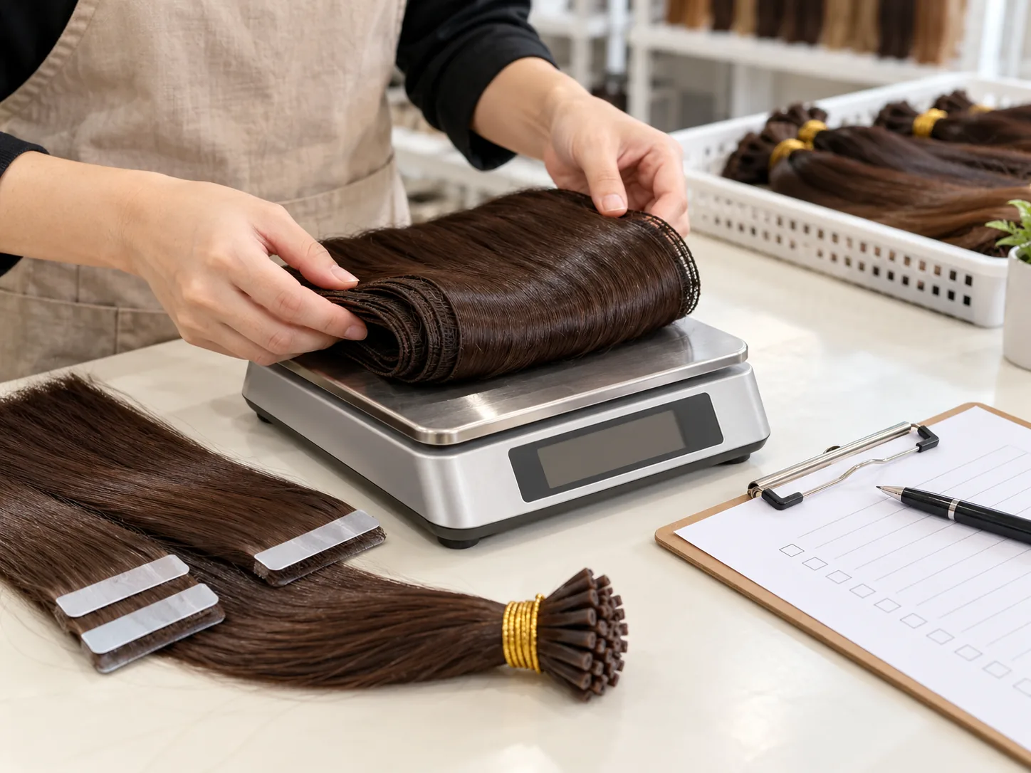 Illustrative weighing of a human hair weft with extension samples and a specification checklist