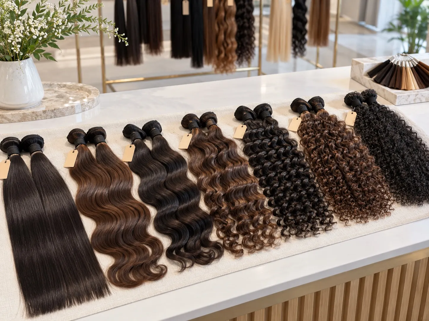 Illustrative lineup of straight, body wave, loose wave, deep wave, curly and kinky curly human hair textures