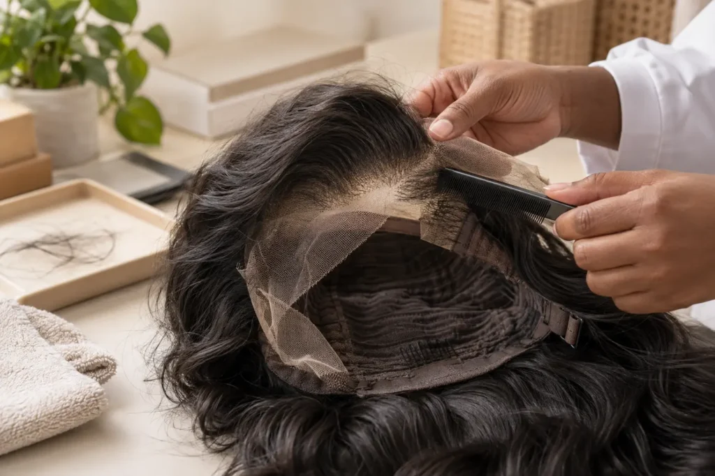 Professional inspection of lace knots and wefts on a human hair wig