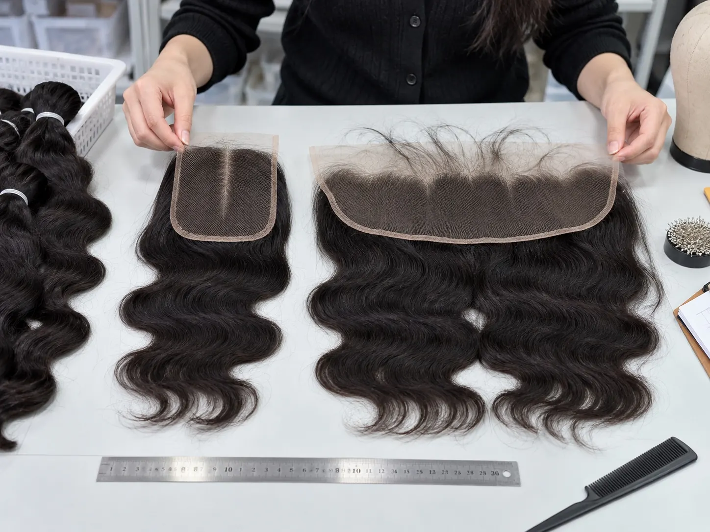Illustrative comparison of closure and frontal lace areas; confirm actual dimensions by sample