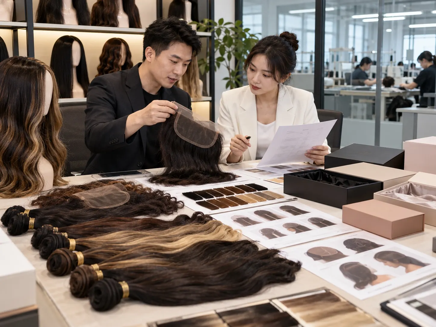 Illustrative product development meeting reviewing wigs, hair samples and packaging
