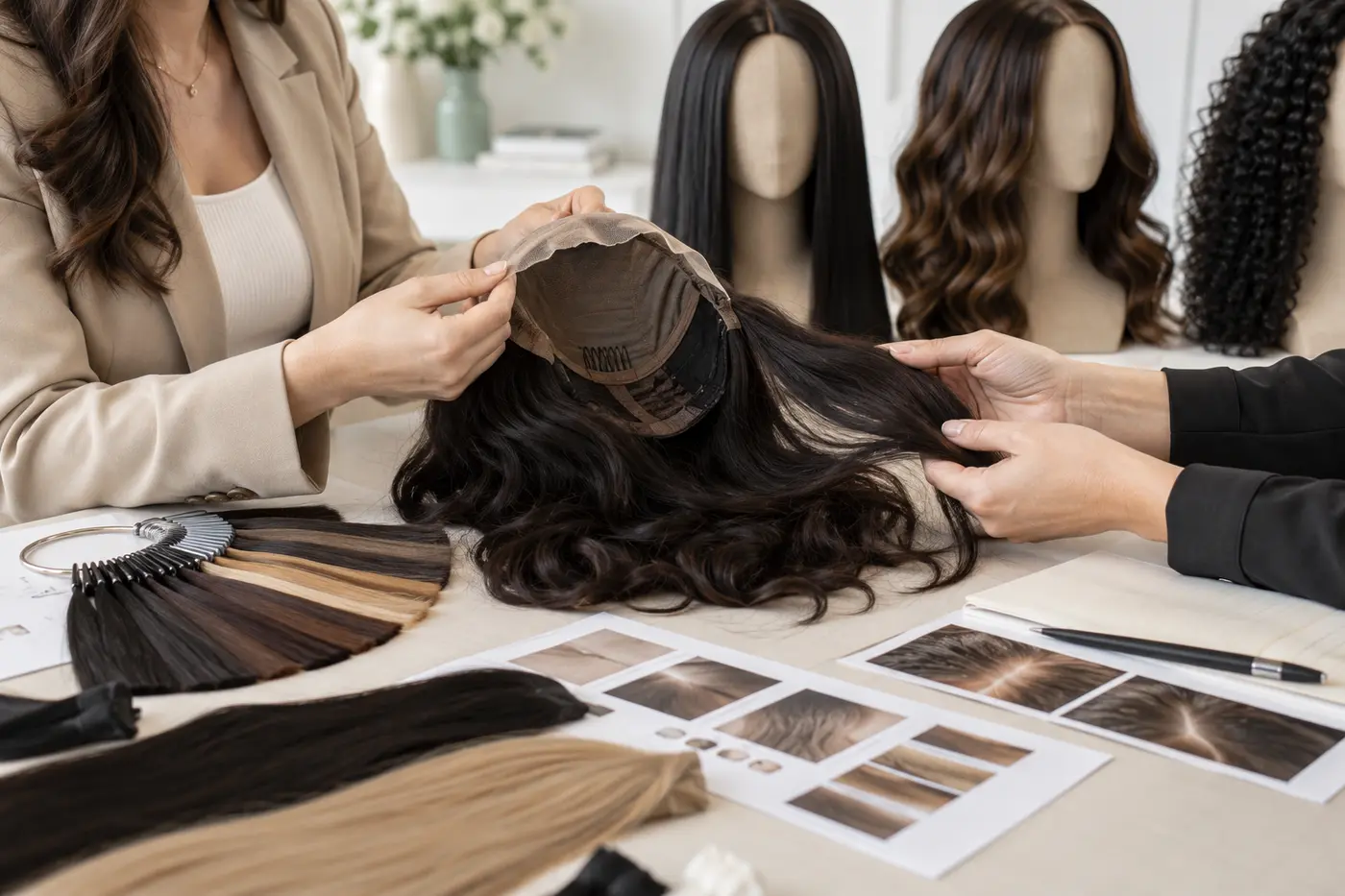 Illustrative wig cap and hair material review for a buyer sample evaluation