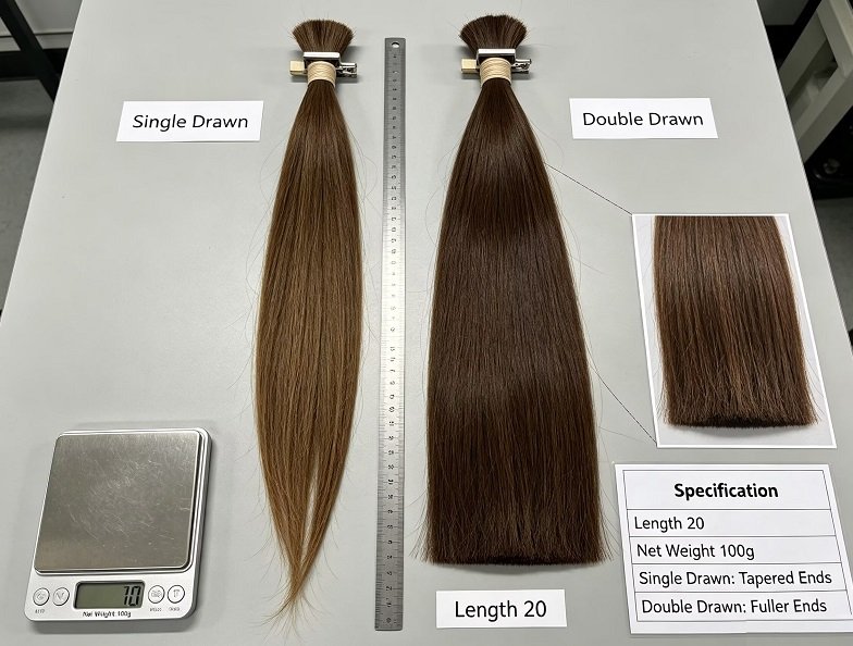 Illustrative single drawn bundle with tapered ends beside double drawn bundle with fuller ends
