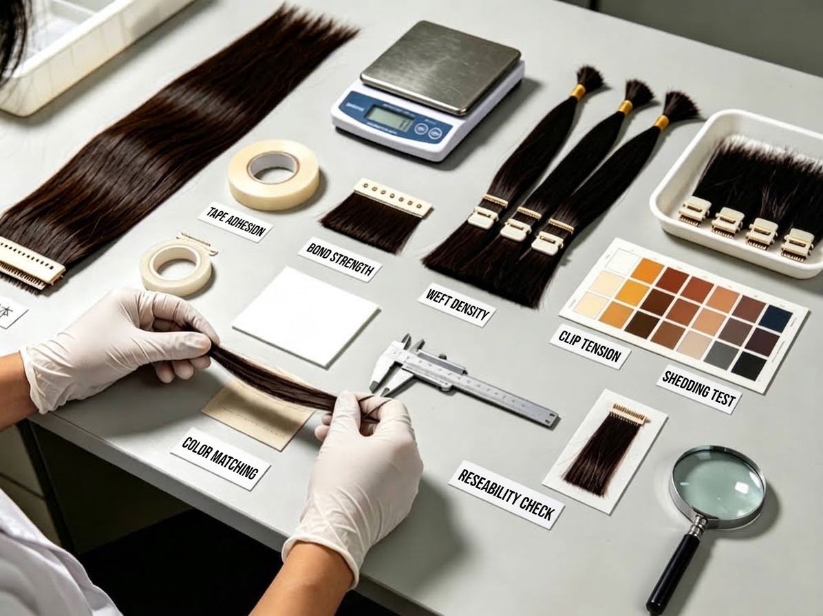 Illustration of hair extension sample inspection with tape, weft, clips, scale and shade references