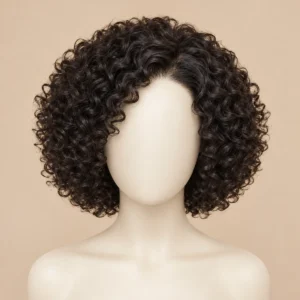 Illustrative compact natural dark Fumi curly wig with full defined curls on a mannequin