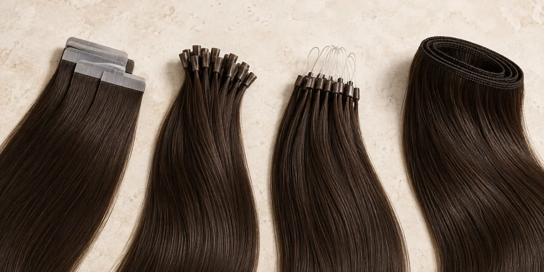 Human hair extension attachment systems and constructions