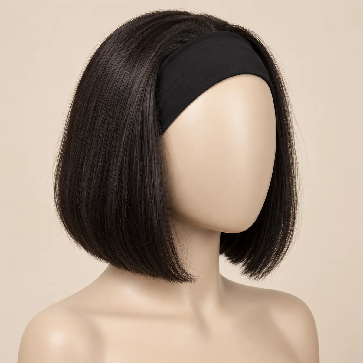 Illustrative natural dark bob wig with a black headband on a mannequin; final cap and texture confirmed by sample