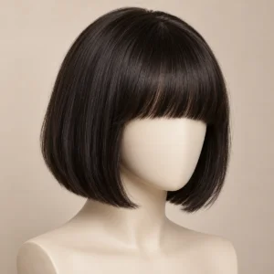 Illustrative dark straight bob wig with full bangs on a mannequin; final machine-made cap confirmed by sample