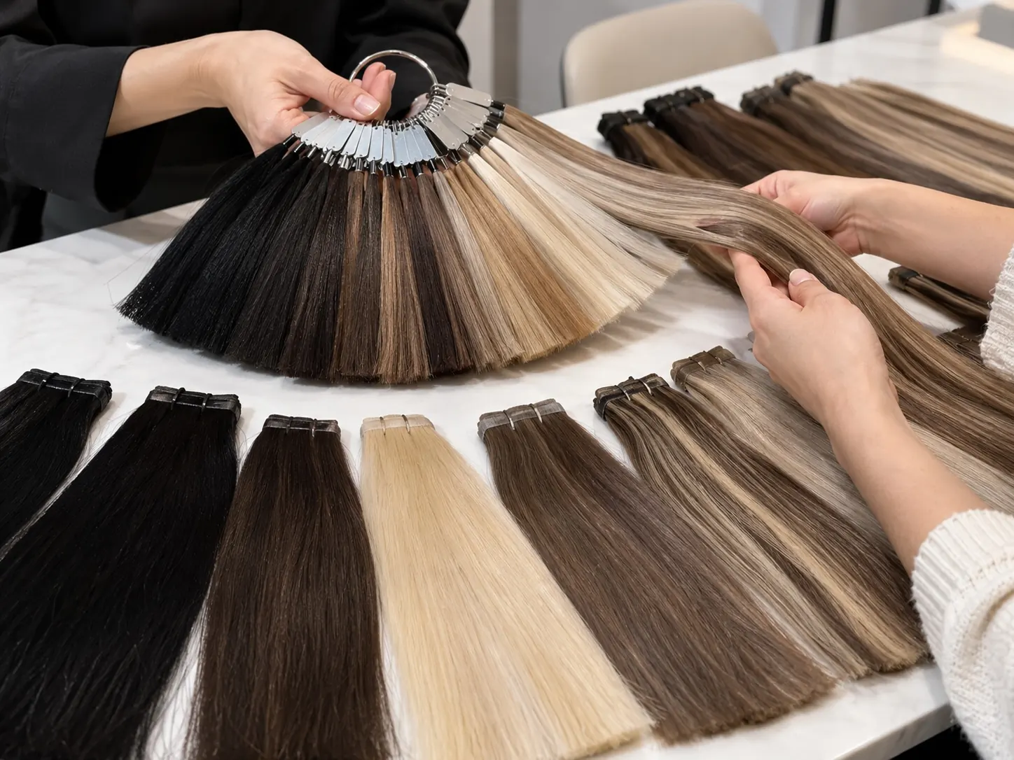 Illustrative color swatches used when assessing blonde human hair shade consistency