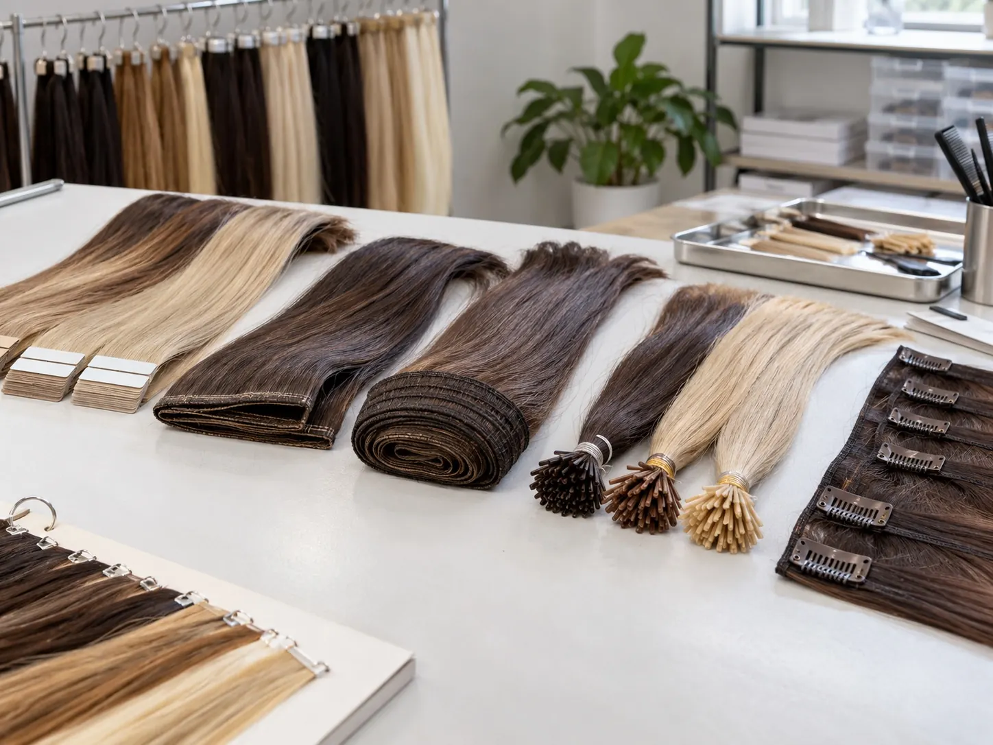 Illustrative display of tape-in, weft, keratin-tip and clip-in hair extension types for buyer comparison