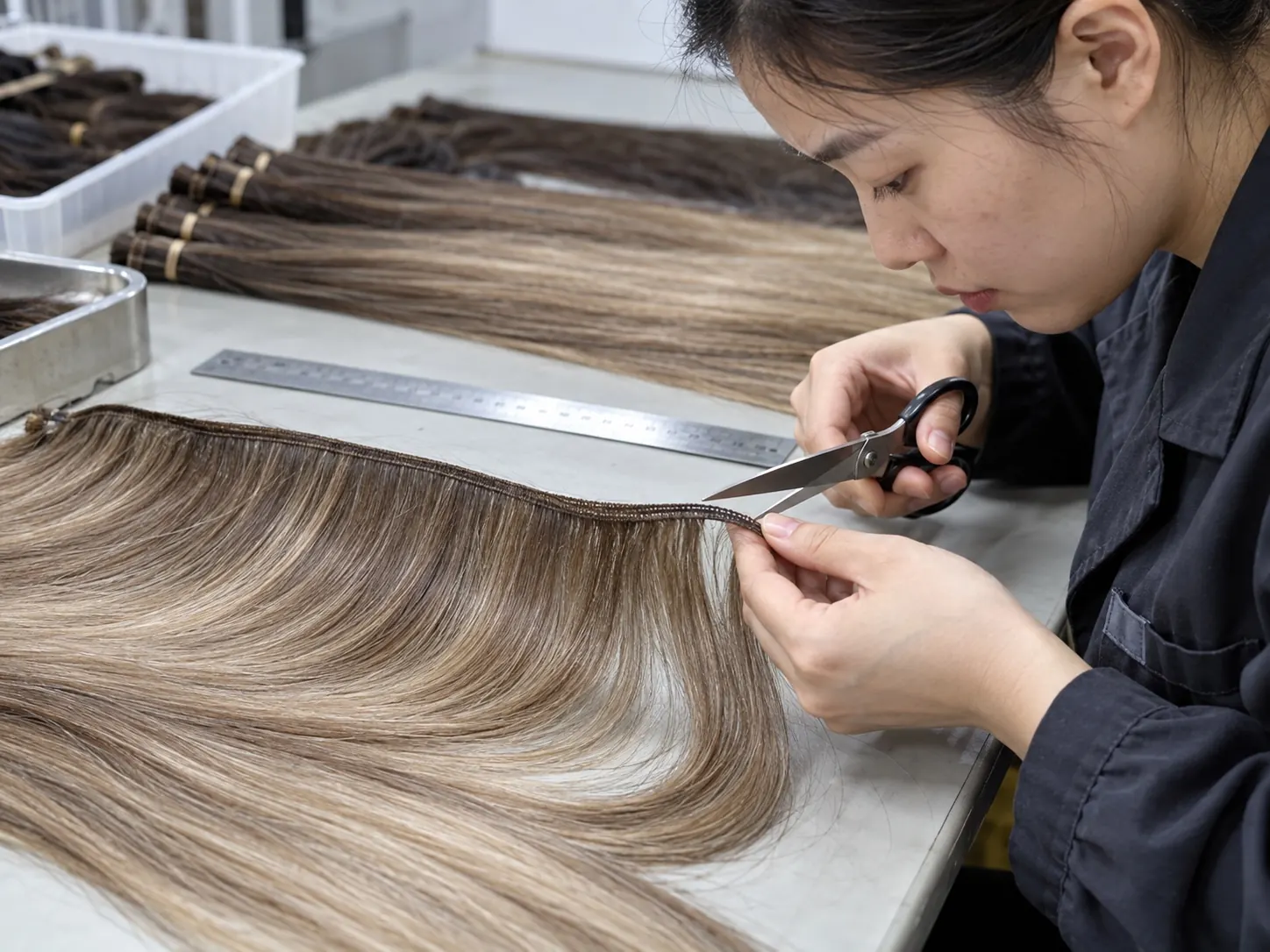 Illustrative close-up of a genius weft edge being inspected for stitching and cutability