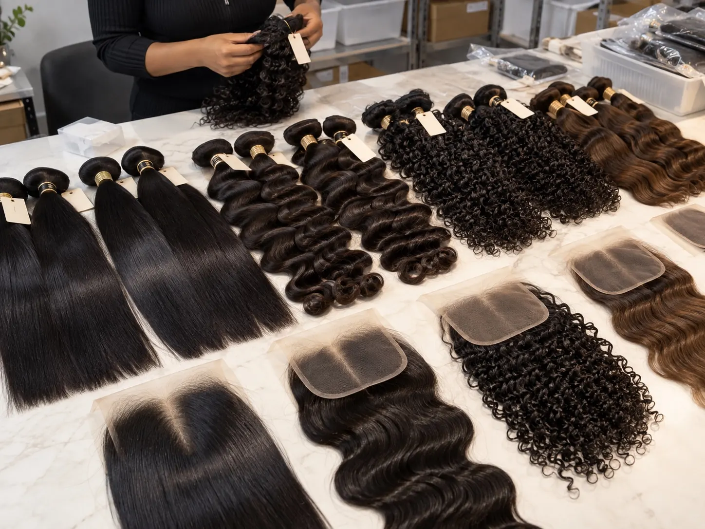 Illustrative selection of human hair bundles and lace closures for a wholesale sourcing program