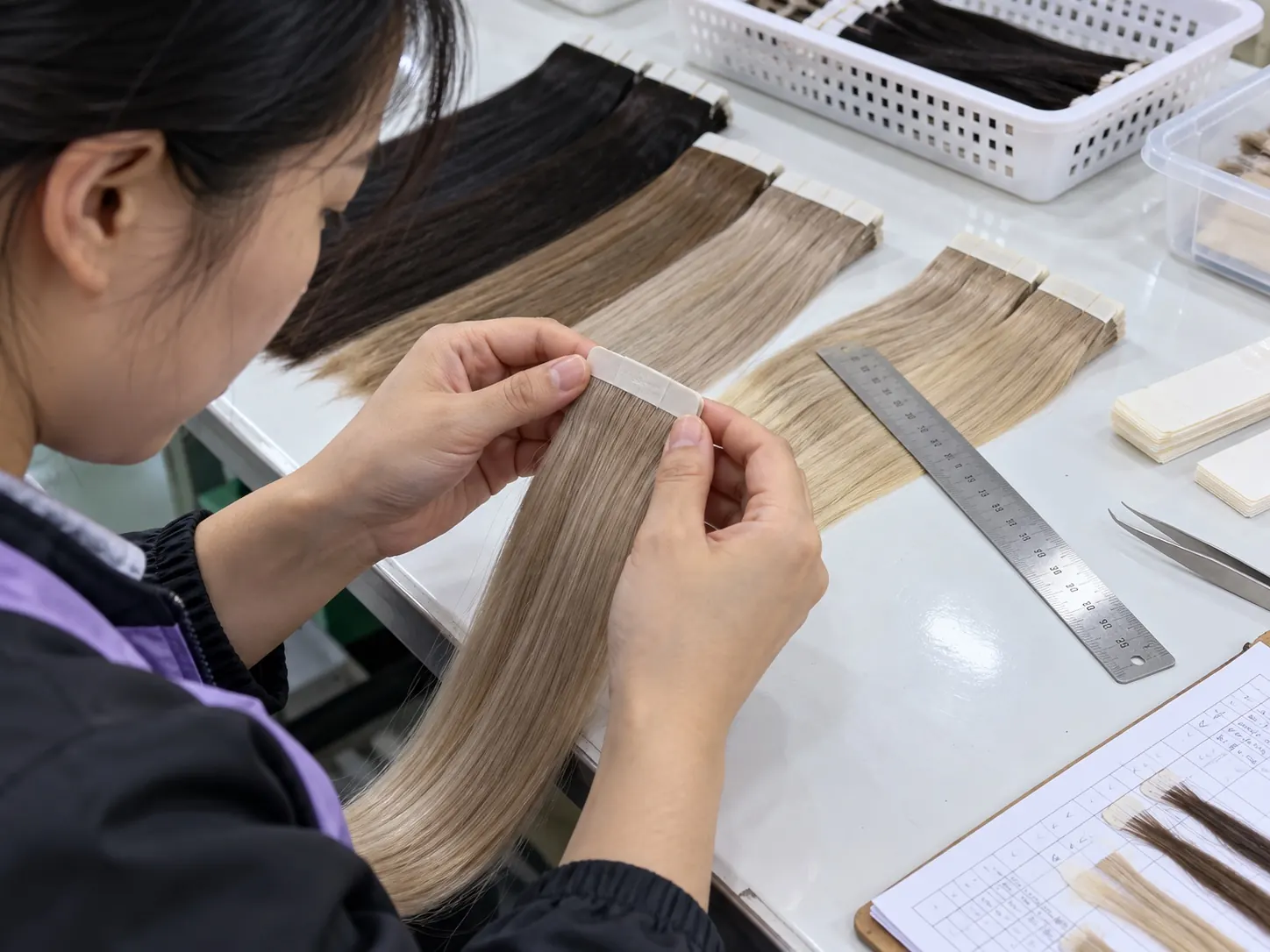 Illustrative close-up of a tape-in hair extension base being inspected for alignment and adhesive finish