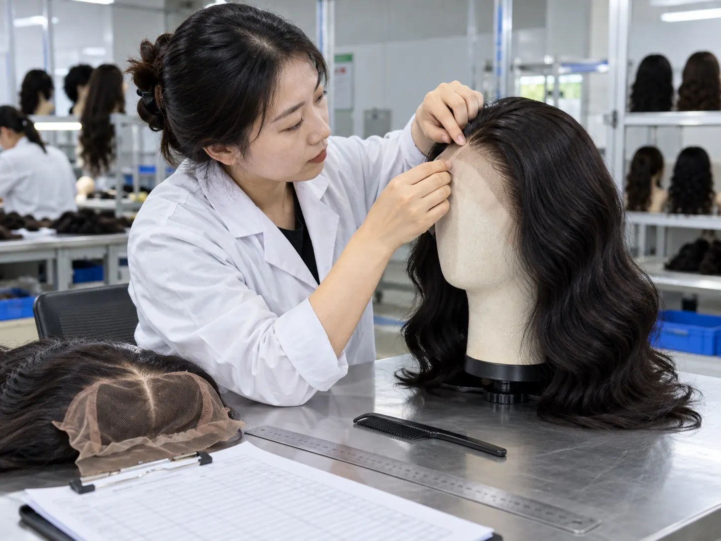 Illustrative inspection of wig lace and hairline on a mannequin