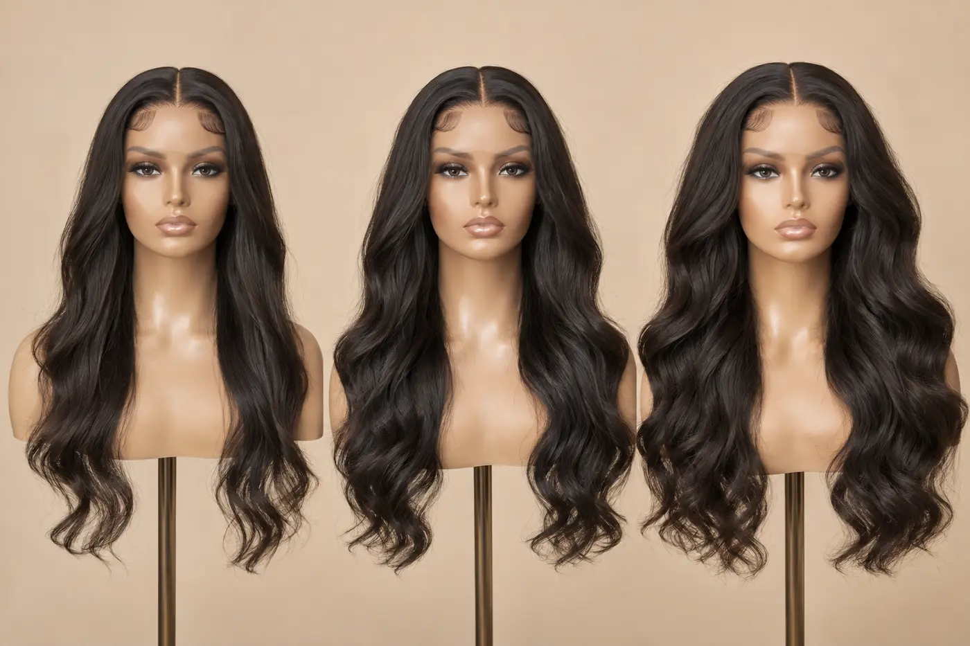 Three human hair wigs showing progressively fuller density directions