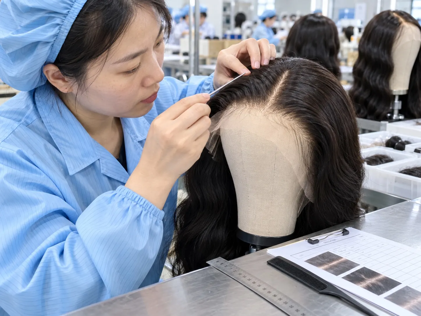 Illustrative close-up inspection of a human hair wig hairline and parting