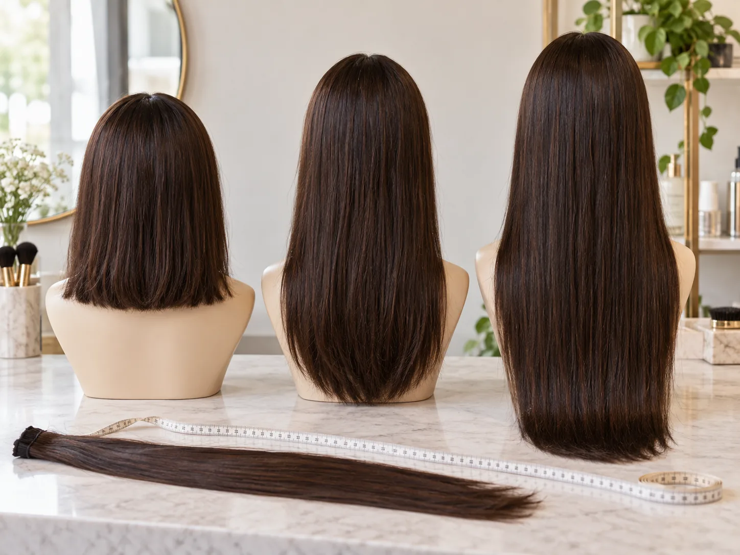 Illustrative comparison of short, medium and long straight wigs with a measuring tape