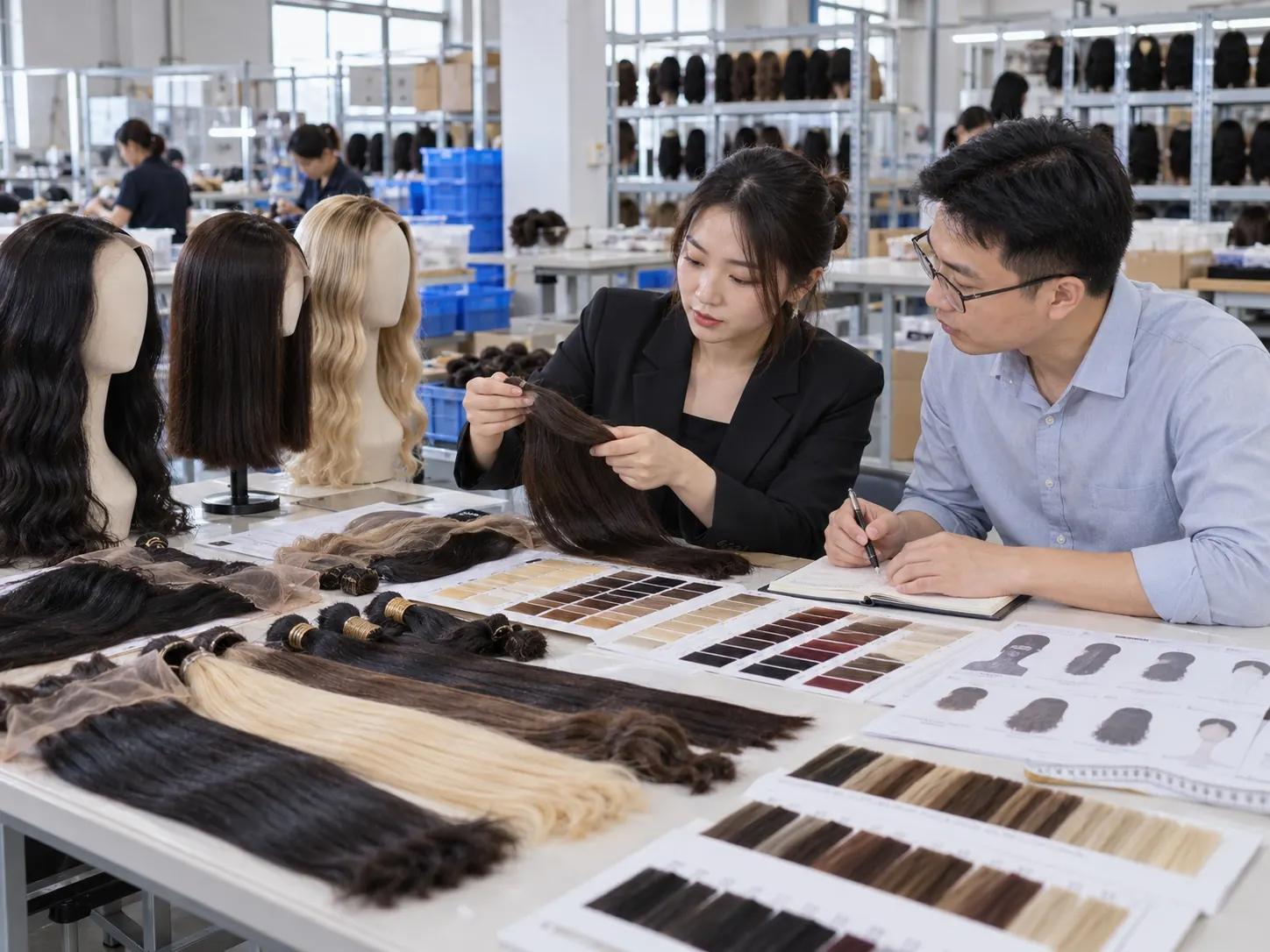 Illustrative sourcing discussion with wig samples, colors and specification records