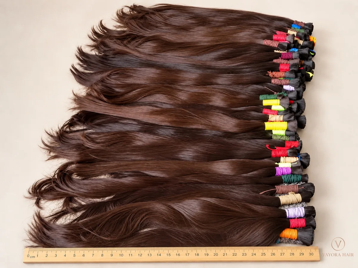 Brown tied hair sample lots laid beside a ruler