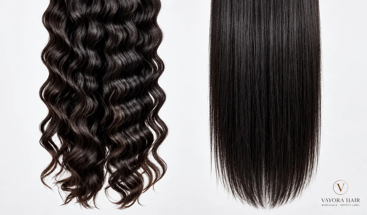 Side-by-side view of dark wavy and straight hair ends